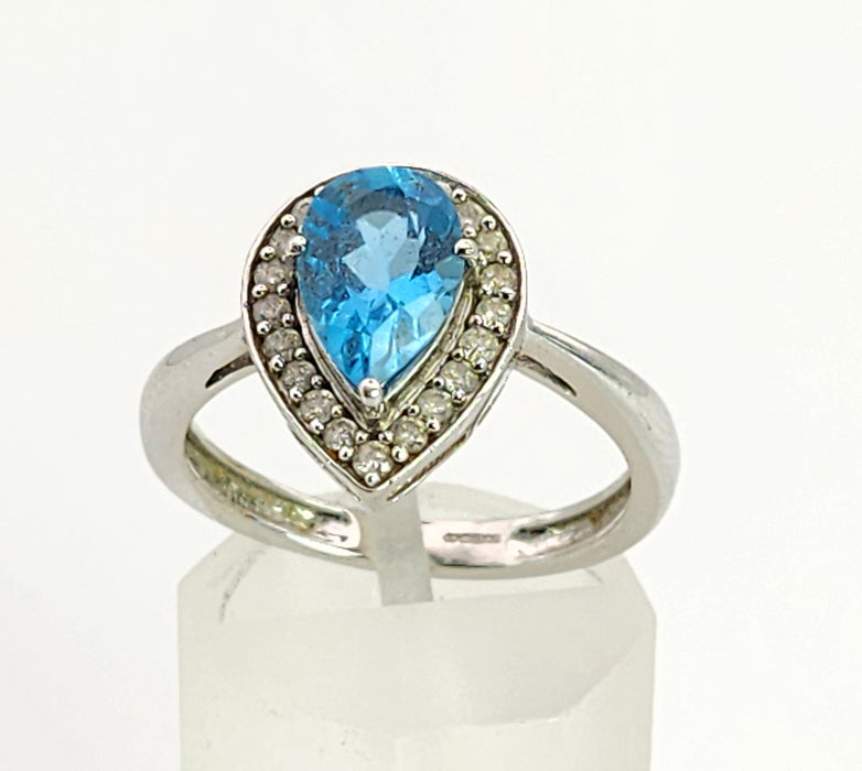 6023:Vintage: 9ct White Gold Pear Cut Vivid Blue Topaz 20 Diamonds Cocktail Ring-superb