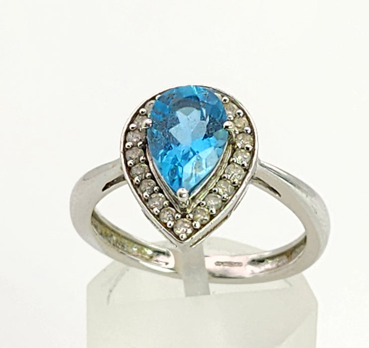 6023:Vintage: 9ct White Gold Pear Cut Vivid Blue Topaz 20 Diamonds Cocktail Ring-superb