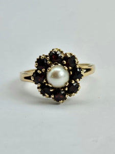 1169: Vintage: 9ct Gold 8 Rich Red Garnets Pearl Flower Head Ring- From 1965