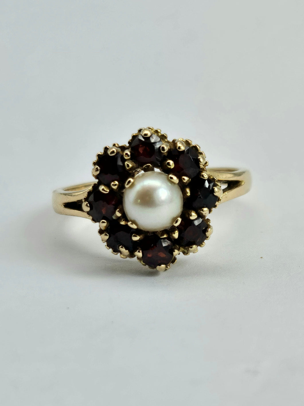 1169: Vintage: 9ct Gold 8 Rich Red Garnets Pearl Flower Head Ring- From 1965