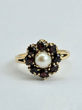 Load image into Gallery viewer, 1169: Vintage: 9ct Gold 8 Rich Red Garnets Pearl Flower Head Ring- From 1965
