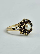 Load image into Gallery viewer, 1169: Vintage: 9ct Gold 8 Rich Red Garnets Pearl Flower Head Ring- From 1965
