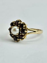 Load image into Gallery viewer, 1169: Vintage: 9ct Gold 8 Rich Red Garnets Pearl Flower Head Ring- From 1965
