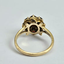 Load image into Gallery viewer, 1169: Vintage: 9ct Gold 8 Rich Red Garnets Pearl Flower Head Ring- From 1965
