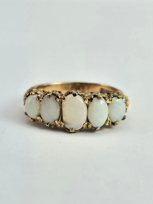 6336 Vintage; 9ct Gold 5 White Opals Dress Ring-From 1972
