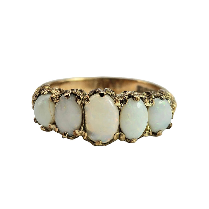 6336 Vintage; 9ct Gold 5 White Opals Dress Ring-From 1972