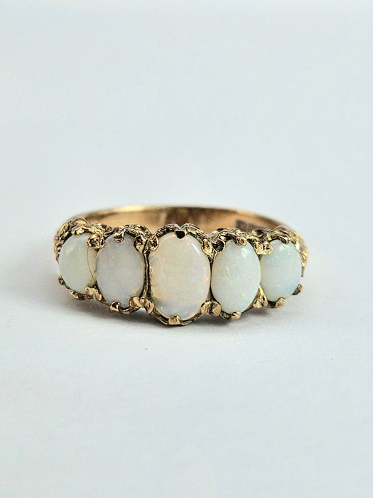 6336 Vintage; 9ct Gold 5 White Opals Dress Ring-From 1972