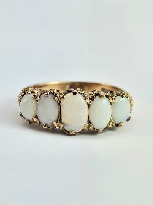 6336 Vintage; 9ct Gold 5 White Opals Dress Ring-From 1972