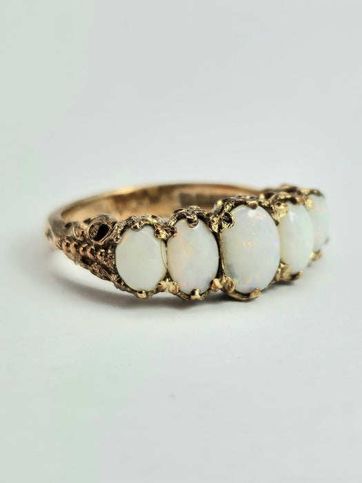 6336 Vintage; 9ct Gold 5 White Opals Dress Ring-From 1972