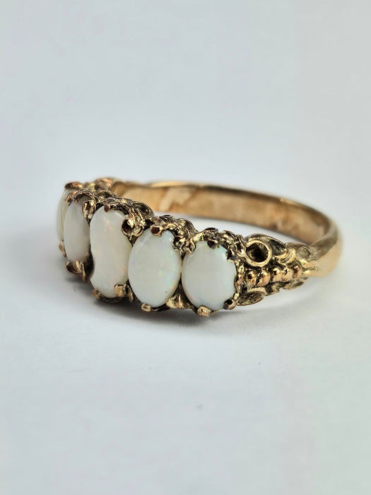 6336 Vintage; 9ct Gold 5 White Opals Dress Ring-From 1972