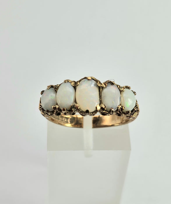 6336 Vintage; 9ct Gold 5 White Opals Dress Ring-From 1972