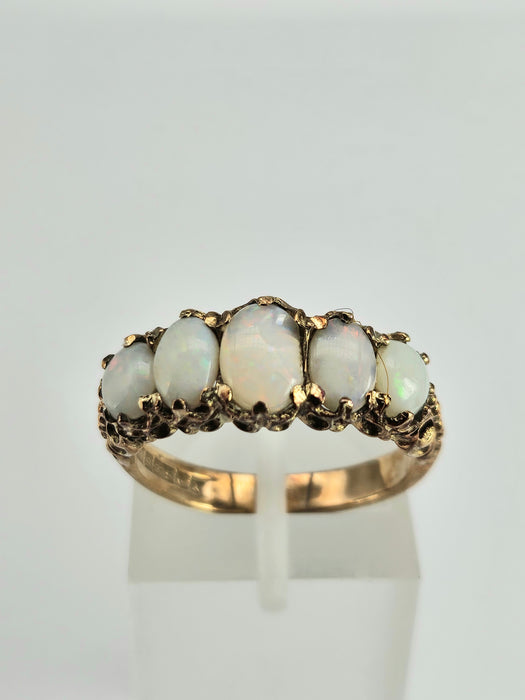 6336 Vintage; 9ct Gold 5 White Opals Dress Ring-From 1972