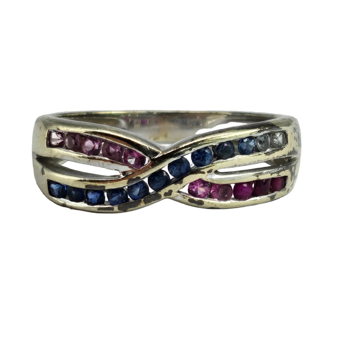 Vintage: 9ct White Gold Ruby & Sapphire Crossover Ring