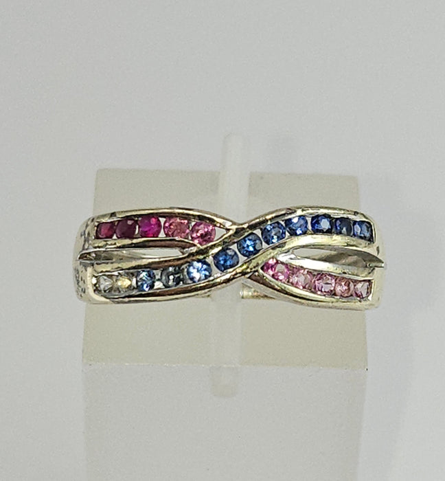1429: Vintage: 9ct White Gold Rubies Sapphires Crossover Ring- crisp, colourful, eye candy