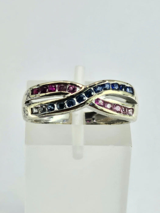 1429: Vintage: 9ct White Gold Rubies Sapphires Crossover Ring- crisp, colourful, eye candy