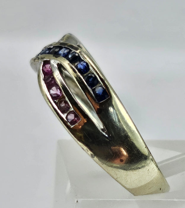 1429: Vintage: 9ct White Gold Rubies Sapphires Crossover Ring- crisp, colourful, eye candy