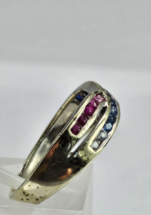 1429: Vintage: 9ct White Gold Rubies Sapphires Crossover Ring- crisp, colourful, eye candy