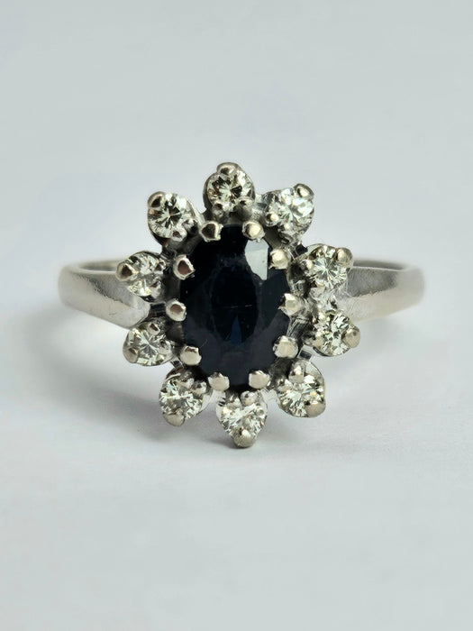 1469: Vintage: 18ct White Gold French Blue Sapphire Diamonds Diana Cluster Ring