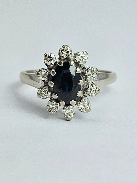 1469: Vintage: 18ct White Gold French Blue Sapphire Diamonds Diana Cluster Ring