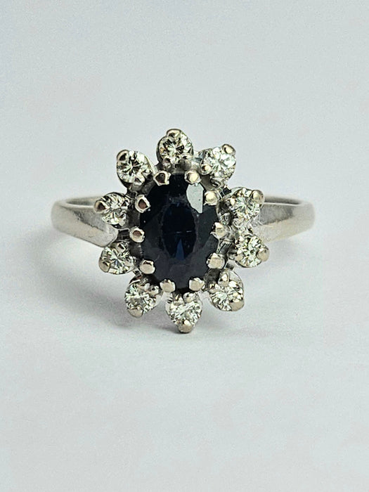 1469: Vintage: 18ct White Gold French Blue Sapphire Diamonds Diana Cluster Ring