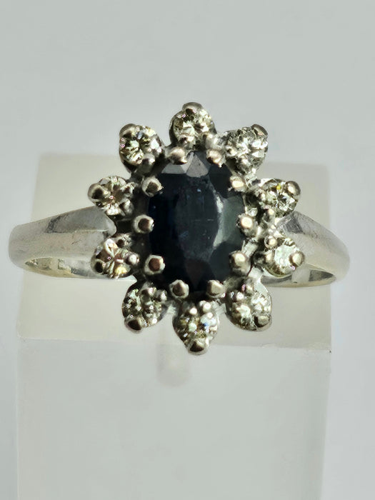 1469: Vintage: 18ct White Gold French Blue Sapphire Diamonds Diana Cluster Ring