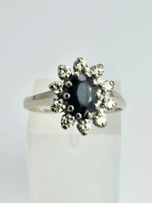 1469: Vintage: 18ct White Gold French Blue Sapphire Diamonds Diana Cluster Ring