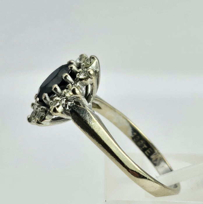 1469: Vintage: 18ct White Gold French Blue Sapphire Diamonds Diana Cluster Ring