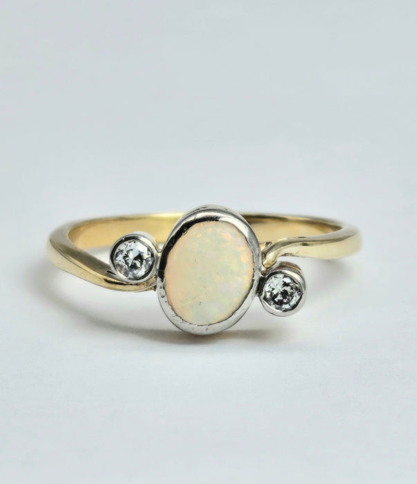 1102: Vintage; 18ct Gold White Opal Twin Diamonds Dress Ring- cute, colourful, sparkling