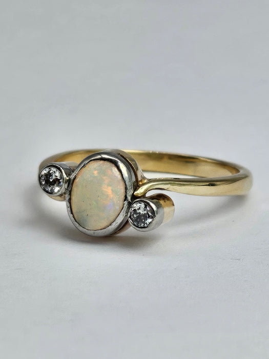 1102: Vintage; 18ct Gold White Opal Twin Diamonds Dress Ring- cute, colourful, sparkling