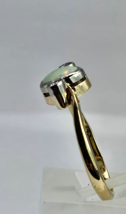1102: Vintage; 18ct Gold White Opal Twin Diamonds Dress Ring- cute, colourful, sparkling