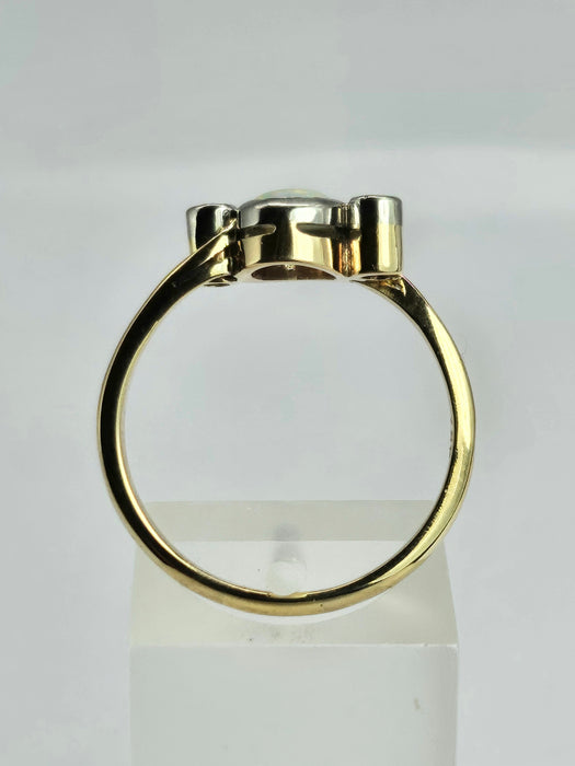 1102: Vintage; 18ct Gold White Opal Twin Diamonds Dress Ring- cute, colourful, sparkling