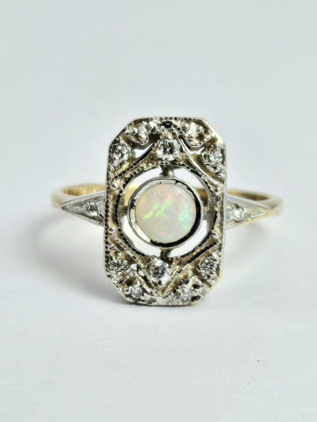 1146: Antique: Art Deco White Opal 12 Diamonds Geometric Set Ring- old, authentic, beautiful