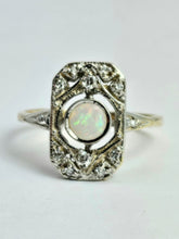Cargar imagen en el visor de la galería, 1146: Antique: Art Deco White Opal 12 Diamonds Geometric Set Ring- old, authentic, beautiful
