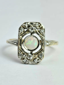 1146: Antique: Art Deco White Opal 12 Diamonds Geometric Set Ring- old, authentic, beautiful