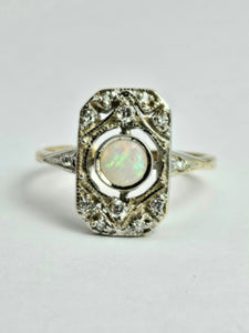 1146: Antique: Art Deco White Opal 12 Diamonds Geometric Set Ring- old, authentic, beautiful