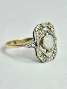 1146: Antique: Art Deco White Opal 12 Diamonds Geometric Set Ring- old, authentic, beautiful