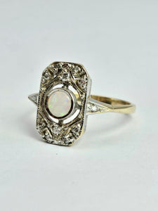 1146: Antique: Art Deco White Opal 12 Diamonds Geometric Set Ring- old, authentic, beautiful