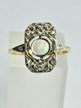 Cargar imagen en el visor de la galería, 1146: Antique: Art Deco White Opal 12 Diamonds Geometric Set Ring- old, authentic, beautiful
