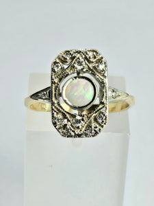 1146: Antique: Art Deco White Opal 12 Diamonds Geometric Set Ring- old, authentic, beautiful