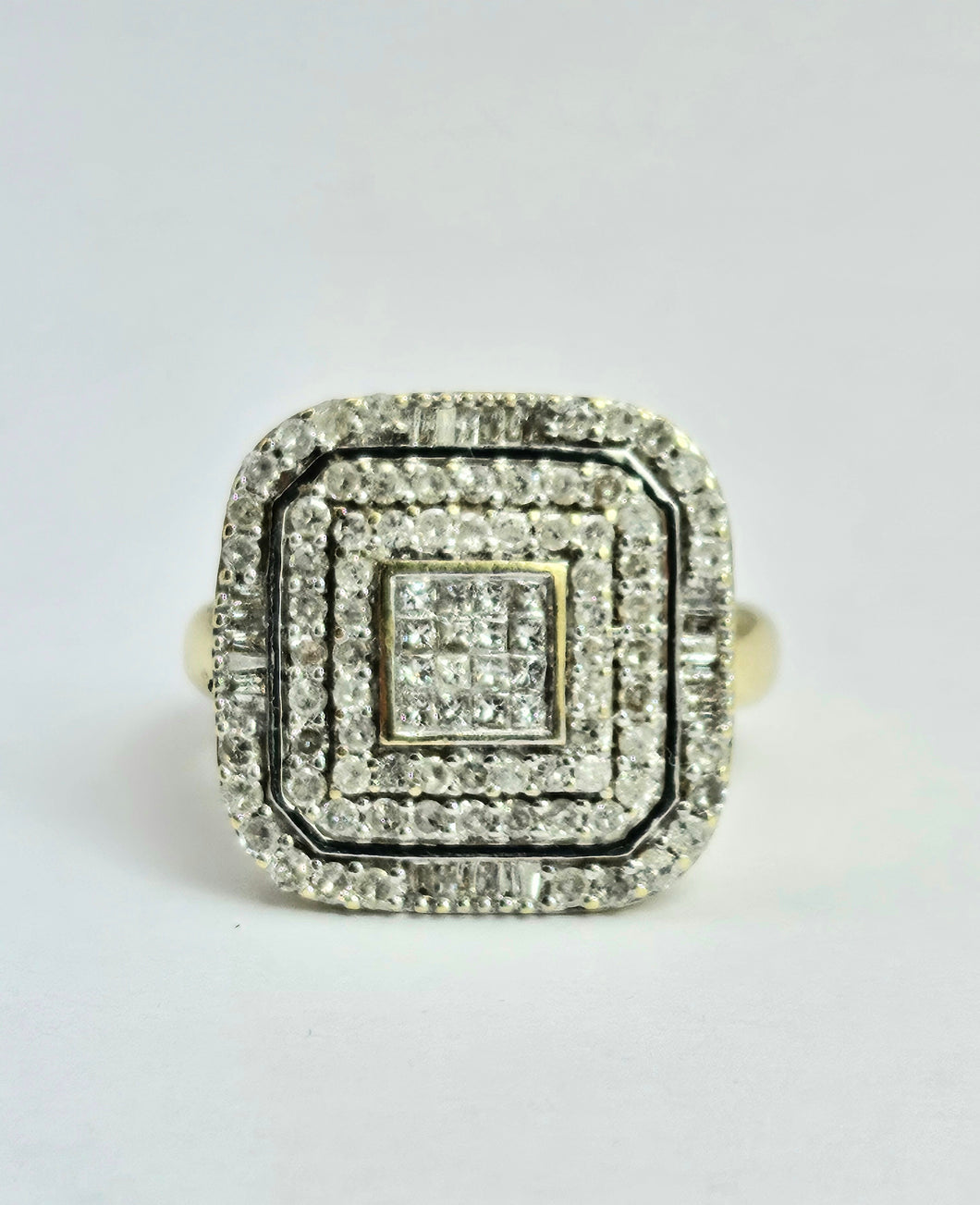 1098: Vintage: 9ct Gold Mixed-Cut Natural Diamonds Square Set Cocktail Ring