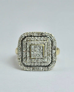 1098: Vintage: 9ct Gold Mixed-Cut Natural Diamonds Square Set Cocktail Ring