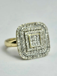 1098: Vintage: 9ct Gold Mixed-Cut Natural Diamonds Square Set Cocktail Ring