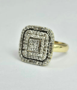 1098: Vintage: 9ct Gold Mixed-Cut Natural Diamonds Square Set Cocktail Ring
