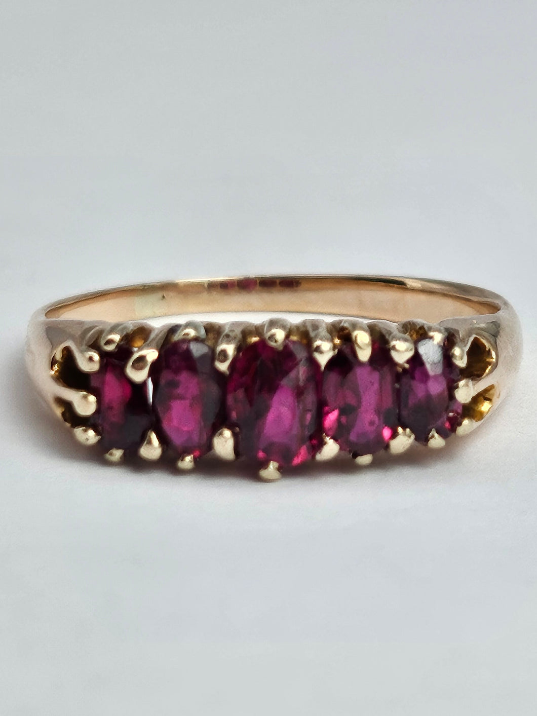 1173: Vintage: Rare - 9ct Gold 5-Stone Rubies Scroll Set Ring