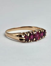 Cargar imagen en el visor de la galería, 1173: Vintage: Rare - 9ct Gold 5-Stone Rubies Scroll Set Ring
