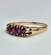 Cargar imagen en el visor de la galería, 1173: Vintage: Rare - 9ct Gold 5-Stone Rubies Scroll Set Ring
