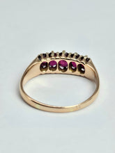 Cargar imagen en el visor de la galería, 1173: Vintage: Rare - 9ct Gold 5-Stone Rubies Scroll Set Ring

