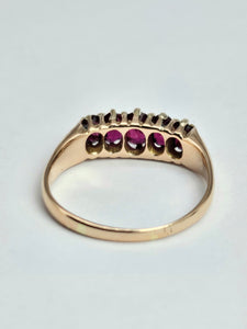 1173: Vintage: Rare - 9ct Gold 5-Stone Rubies Scroll Set Ring