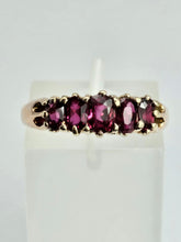 Cargar imagen en el visor de la galería, 1173: Vintage: Rare - 9ct Gold 5-Stone Rubies Scroll Set Ring
