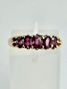 1173: Vintage: Rare - 9ct Gold 5-Stone Rubies Scroll Set Ring